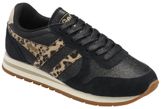 Black sneaker with leopard print side detail and black laces.
