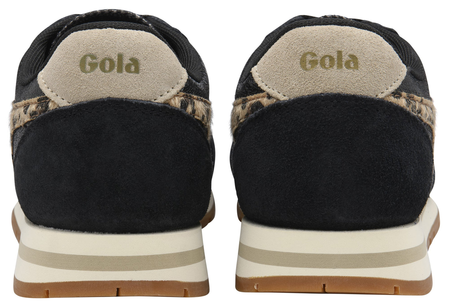 Back view of two sneakers with black uppers, leopard print trim and tan 'Gola' logo.