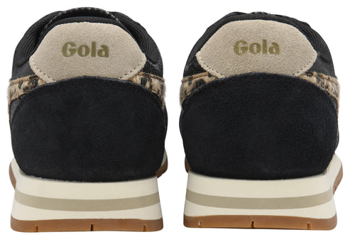 Back view of two sneakers with black uppers, leopard print trim and tan 'Gola' logo.