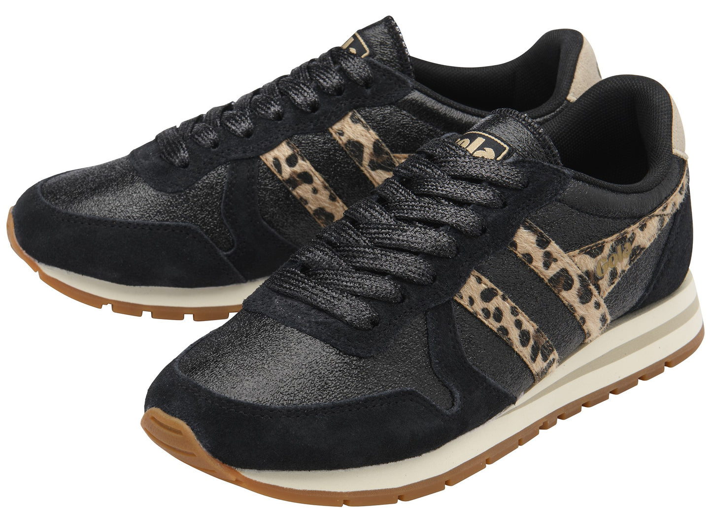 Pair of black athletic shoes with leopard print stripes, tan sole and laces