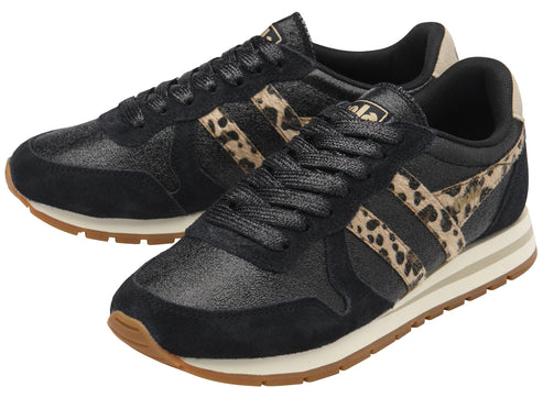 Pair of black athletic shoes with leopard print stripes, tan sole and laces