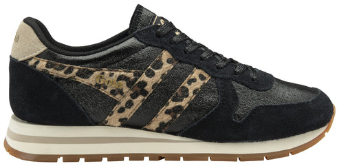 A running shoe with leopard print stripes.