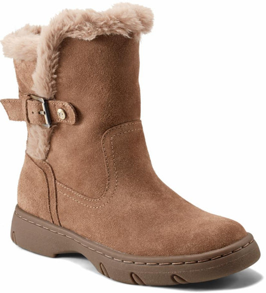 Brown, mid-calf suede boot with faux fur trim and side buckle.
