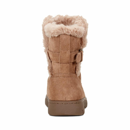 Tan-colored faux fur-trimmed mid-calf boot with buckle detail.