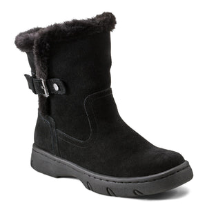 Black suede ankle boot with buckle and faux fur trim.