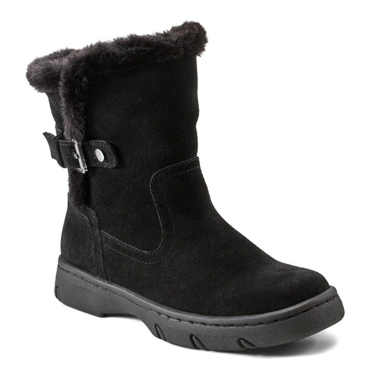 Black suede ankle boot with buckle and faux fur trim.