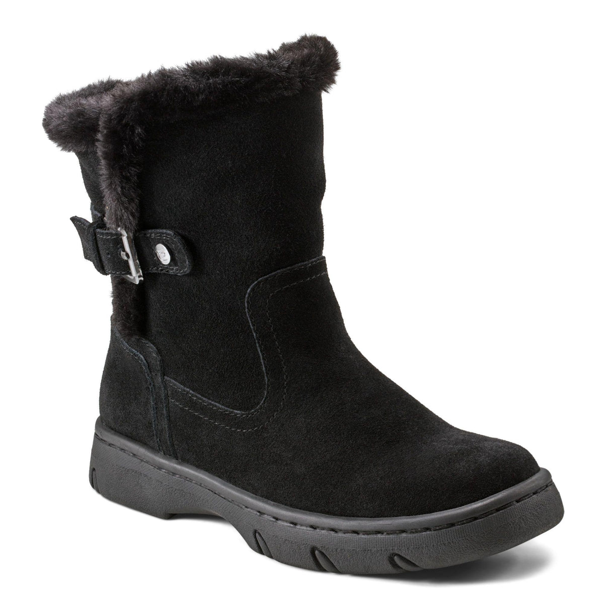 Black suede boot with faux fur trim and buckle detail.