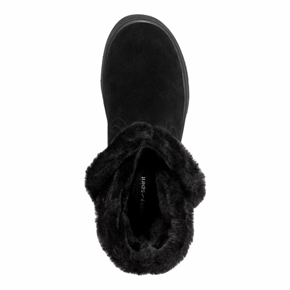 Overhead view of a black, suede boot with faux fur trim.