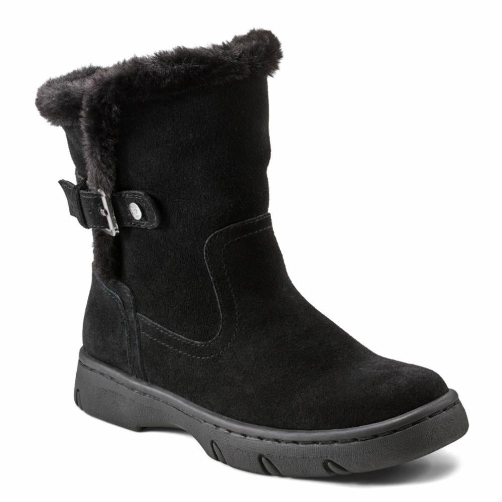 Black suede boot with faux fur trim and side buckle.