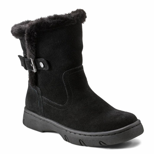 Black suede boot with faux fur trim and side buckle.