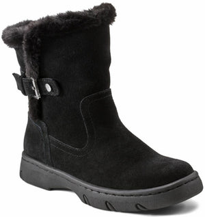 Black, mid-calf boot with faux fur trim and side buckle.