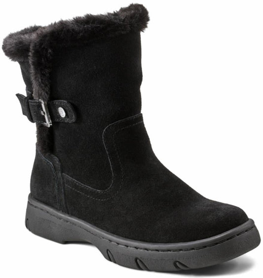 Black, mid-calf boot with faux fur trim and side buckle.