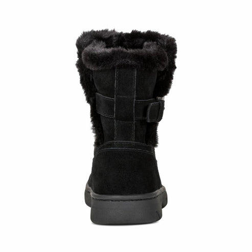 Back view of a black mid-calf boot with faux fur trim and a buckle strap.