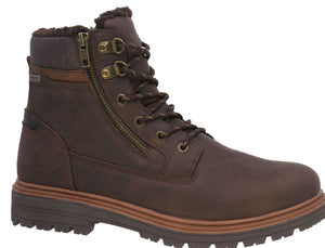 Dark brown leather boot with side zipper and lug sole.