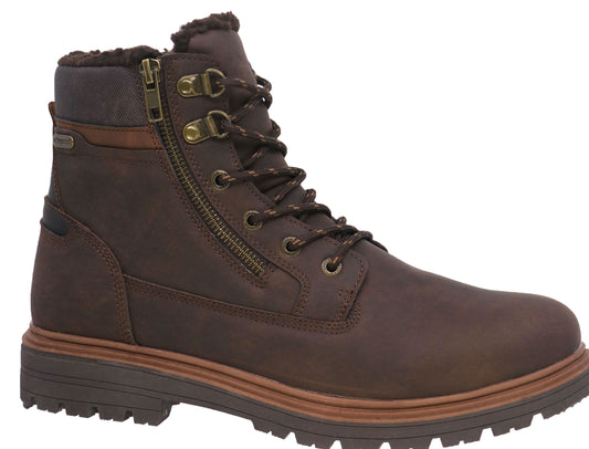 Dark brown leather boot with side zipper and lug sole.