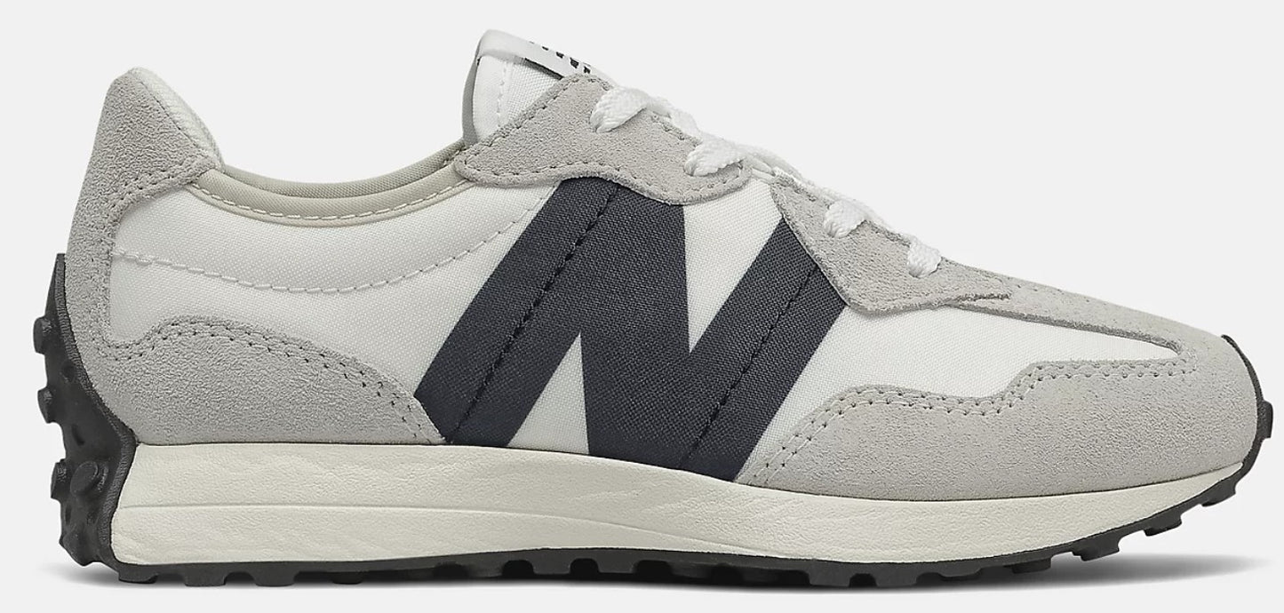 A grey and white sneaker with a large 'N' logo on the side.