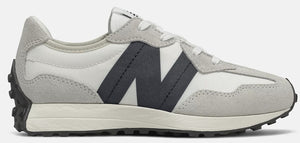 A grey and white sneaker with a large 'N' logo on the side.