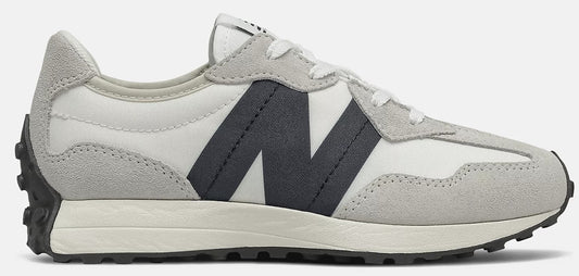 A grey and white sneaker with a large 'N' logo on the side.