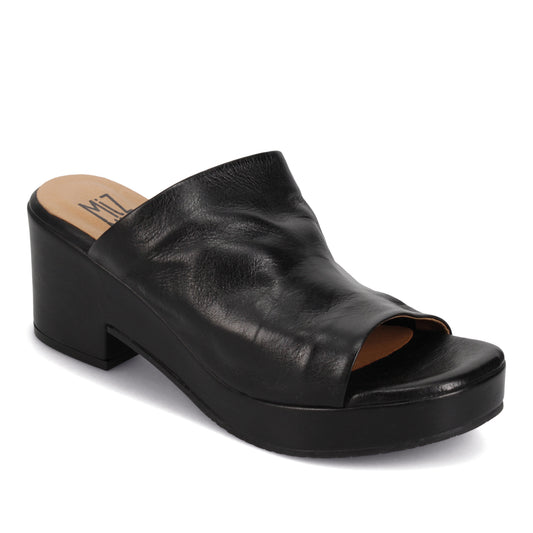 Black leather heeled slide with a visible 'MIZ' logo on the insole.