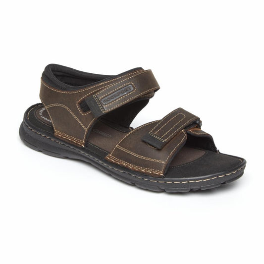 Brown leather sandal with two straps and black sole.