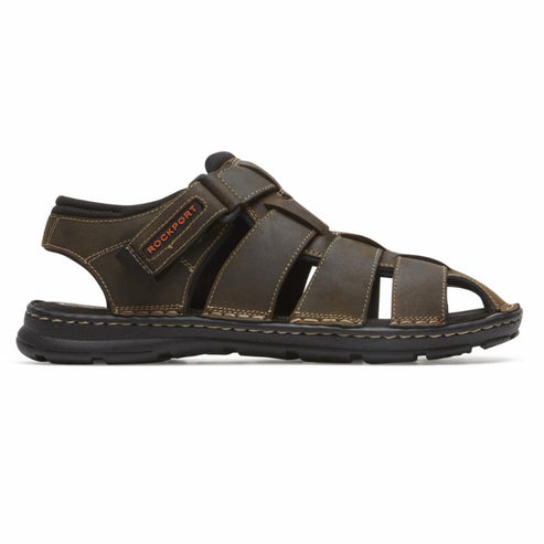 Brown leather sandal with multiple straps and hook-and-loop closure. "ROCKPORT" is printed in red on the strap.