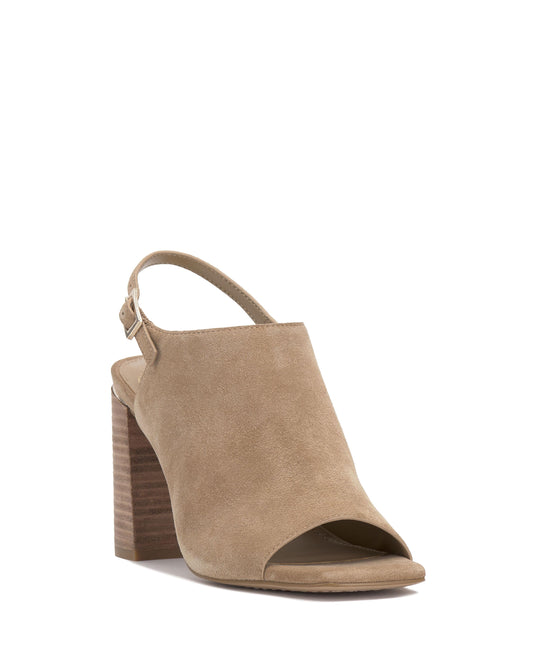 Tan suede slingback heel with a block heel and peep toe.
