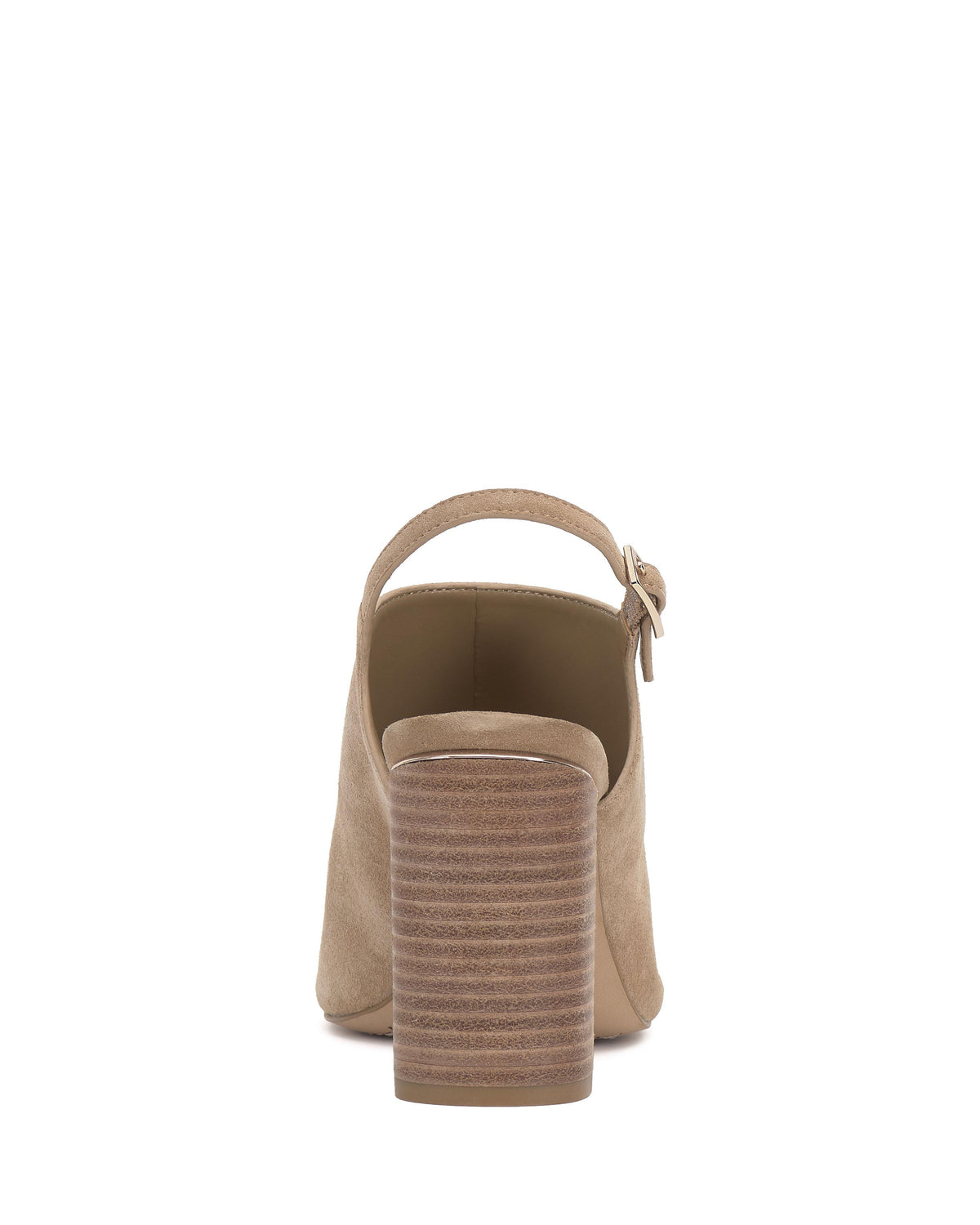 Beige mule with a block heel and sling back.