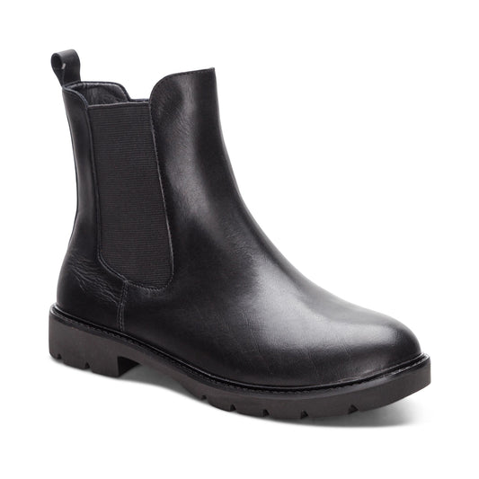Black leather Chelsea boot with elastic side panel.