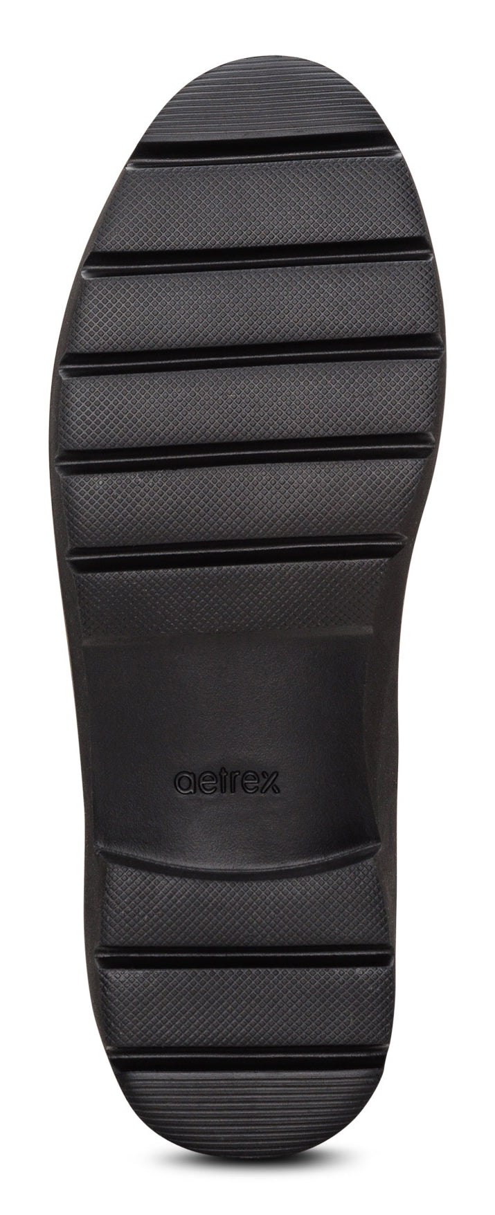 The black shoe sole has horizontal tread grooves and a flat surface.