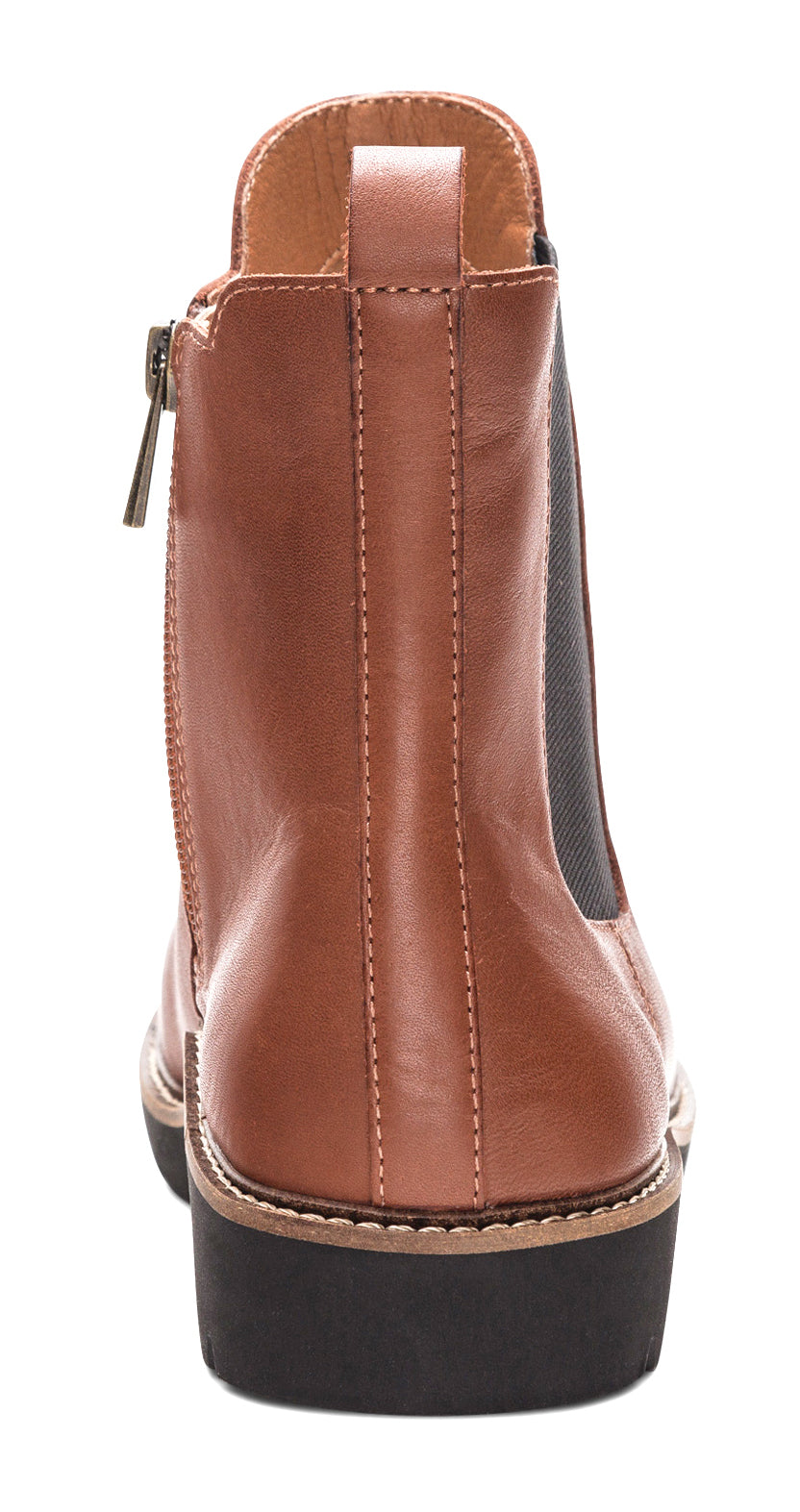 Rear view of a tan ankle boot with elastic side panels and a zipper.