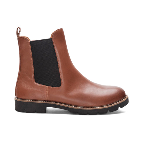 Chelsea boot in brown leather with black elastic side panels and a looped pull tab.