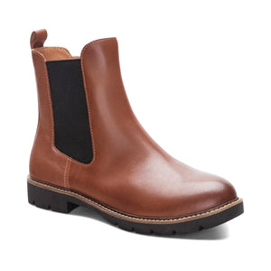 Brown leather Chelsea boot with black elastic side panel and low heel.