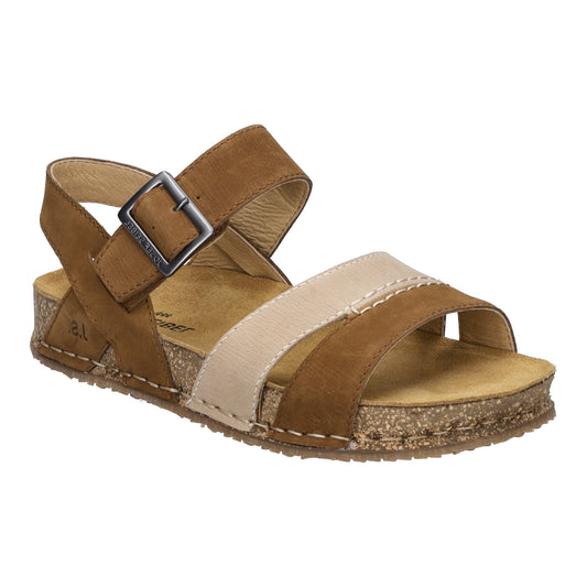 Brown sandal with buckle strap and beige accents.