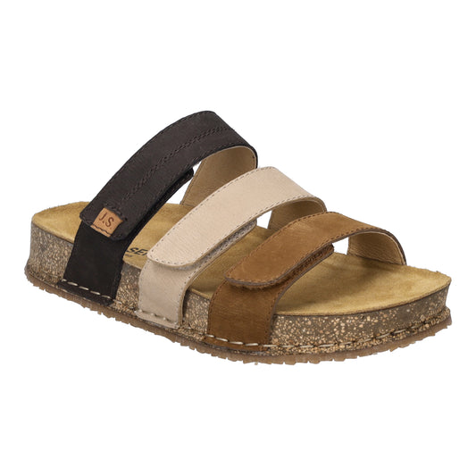 Sandal with three adjustable hook and loop straps in brown, tan, and beige on a cork footbed.