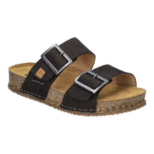 Black, two-strap slide sandals with silver square buckles, a cork footbed, and white stitching.