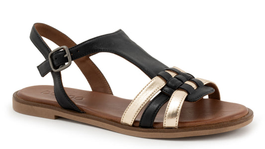 Black and gold leather sandal with t-strap, woven top and buckled ankle strap.