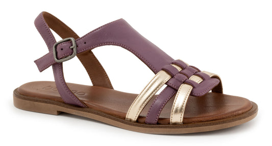 A purple and gold leather sandal with a buckle and woven straps.