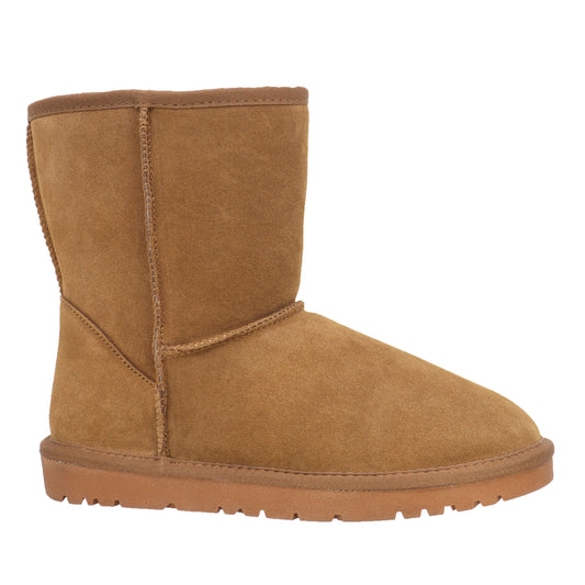 Tan suede ankle boot with visible seams and flat sole.