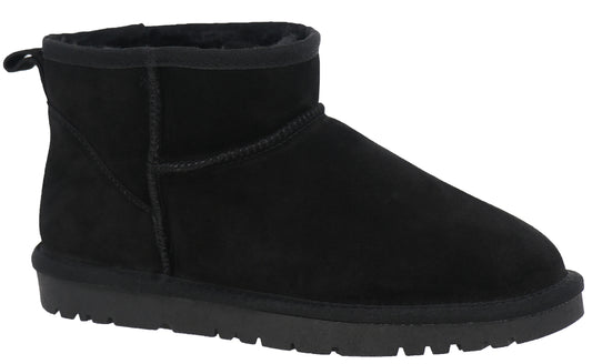 Black suede ankle boot with a black sole and visible stitching.