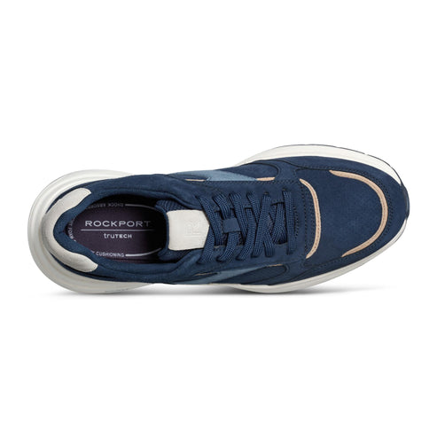 Top-down view of a navy blue Rockport TruTech sneaker, featuring a rounded toe with a peach trim, navy laces and a cushioned sole.