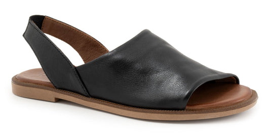 Black leather sandal with an open toe and slingback strap.