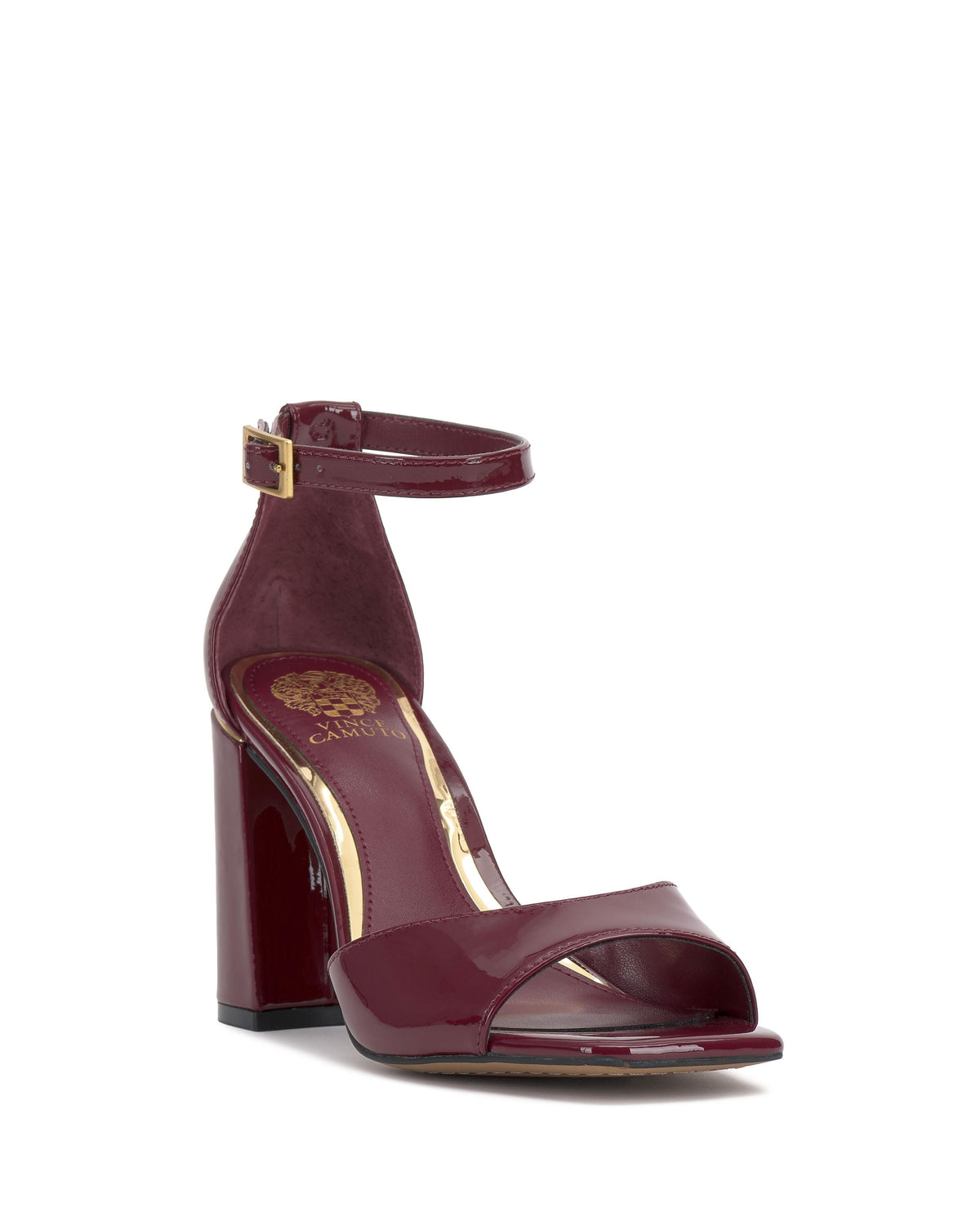 Burgundy patent leather ankle strap sandal with block heel.