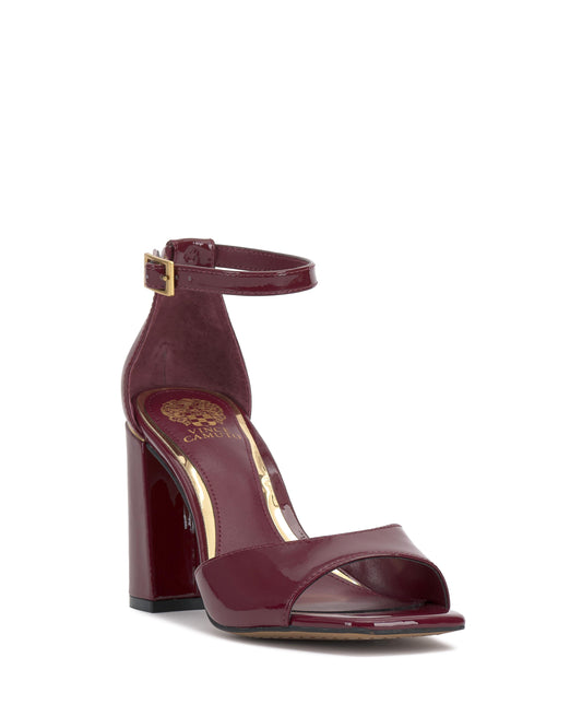 Burgundy patent leather ankle strap sandal with block heel.