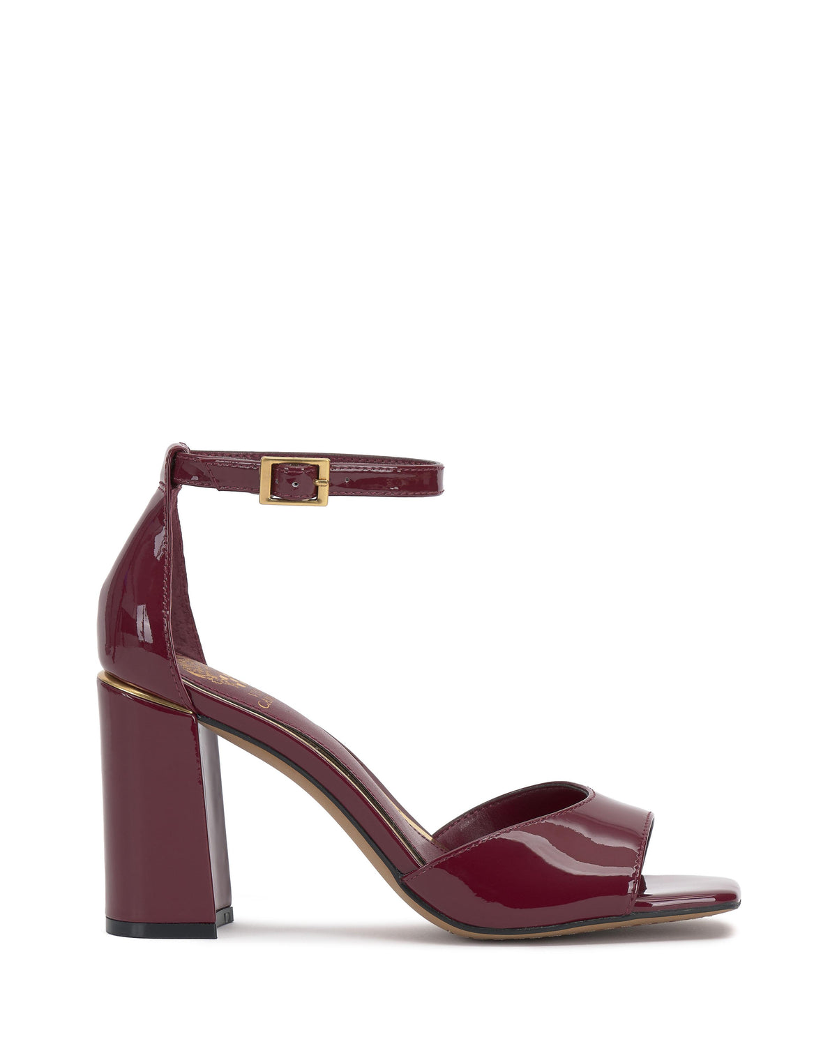 Side view of a shiny burgundy patent leather sandal with ankle strap and block heel.