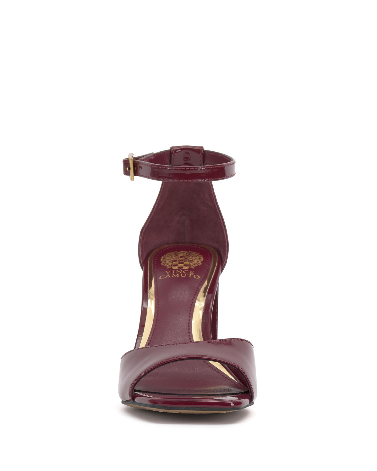Front view of a burgundy high heel with an ankle strap.