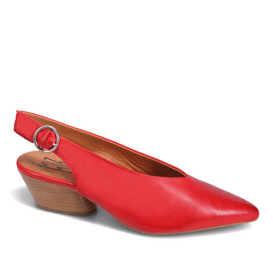 Red pointed-toe slingback shoe with a stacked heel.