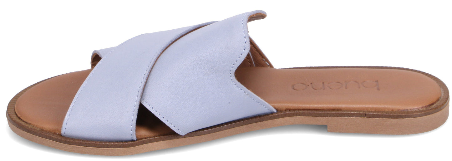 A light purple leather sandal with criss-cross straps.