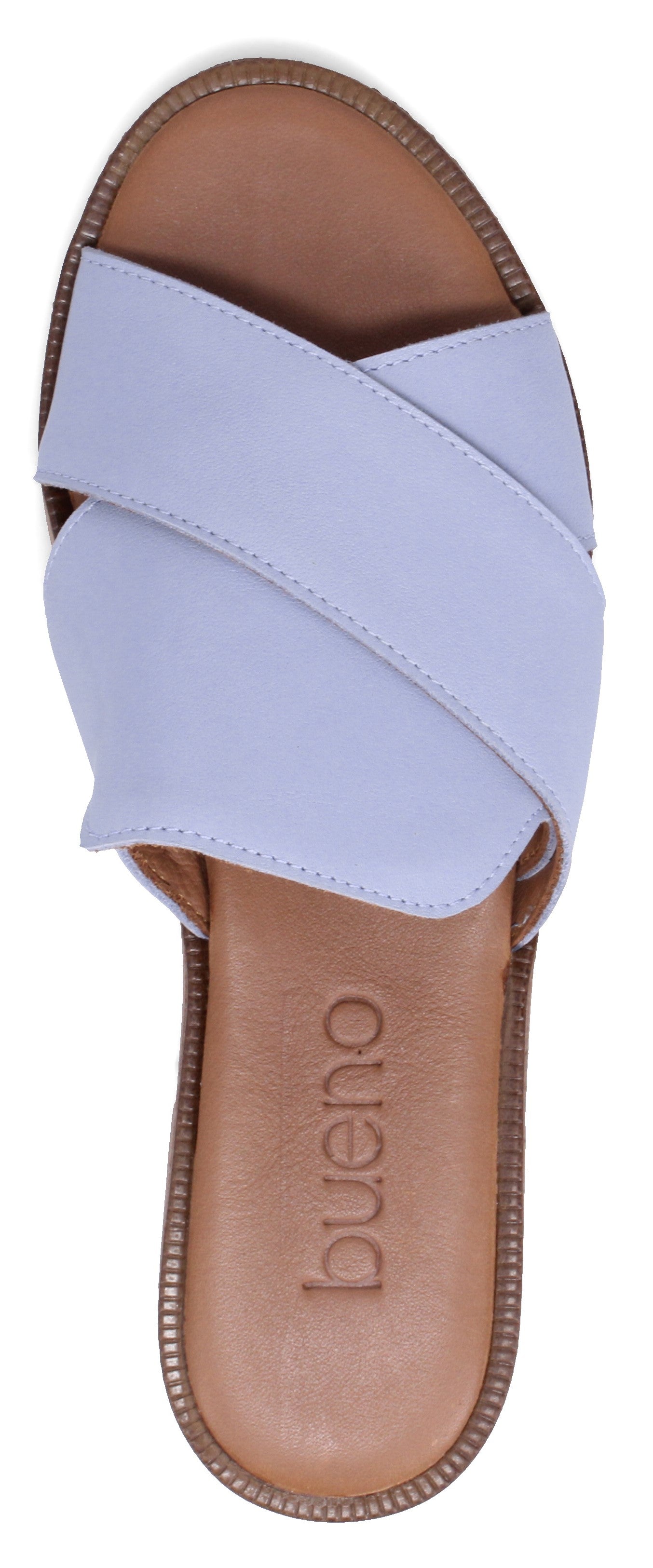A light-blue leather sandal with a crisscross strap and "bueno" embossed on the footbed.