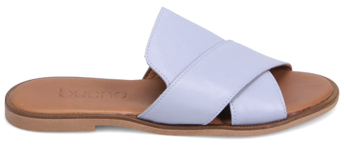 A light blue slide sandal with an overlapping strap.