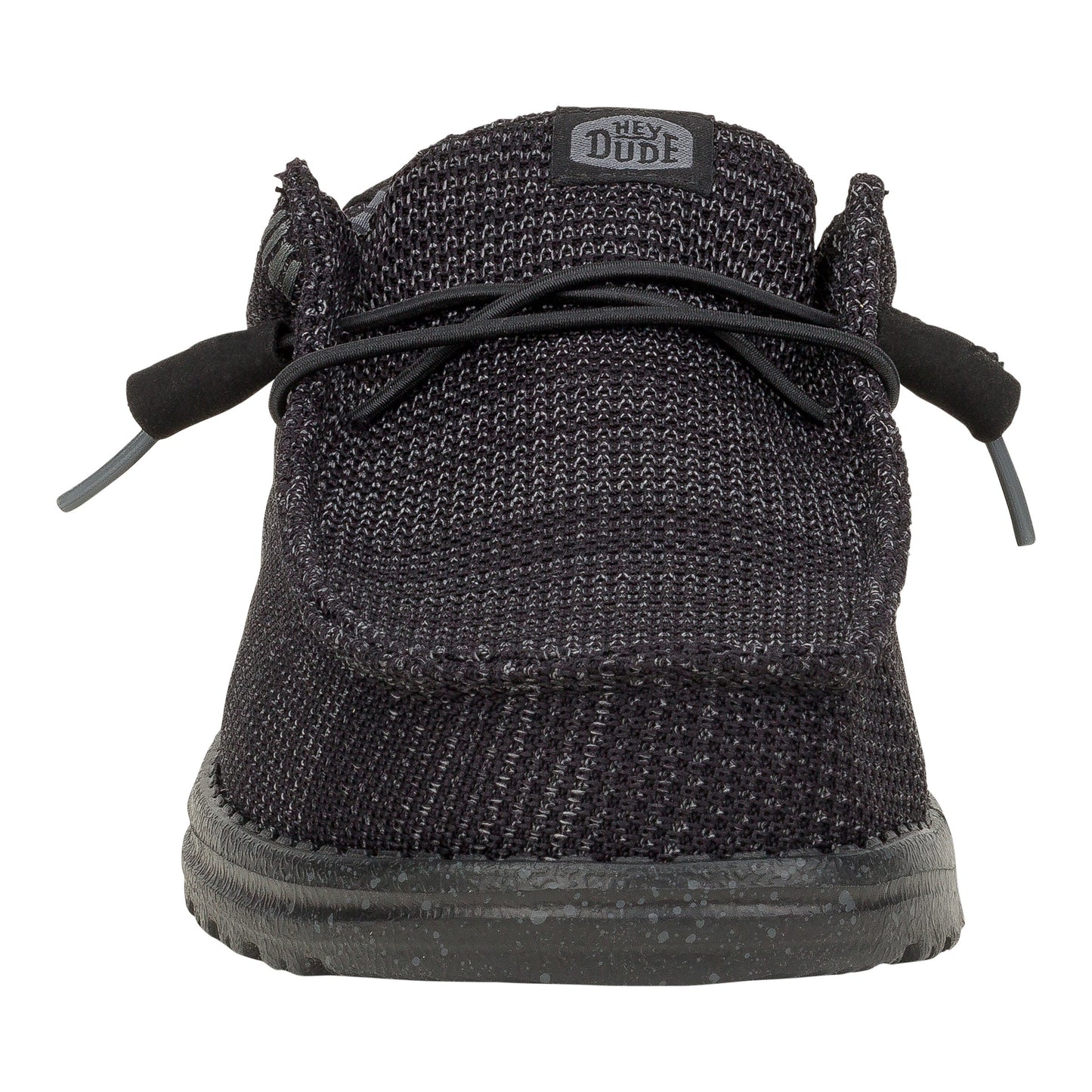 Knit-textured, black slip-on shoe with laces.